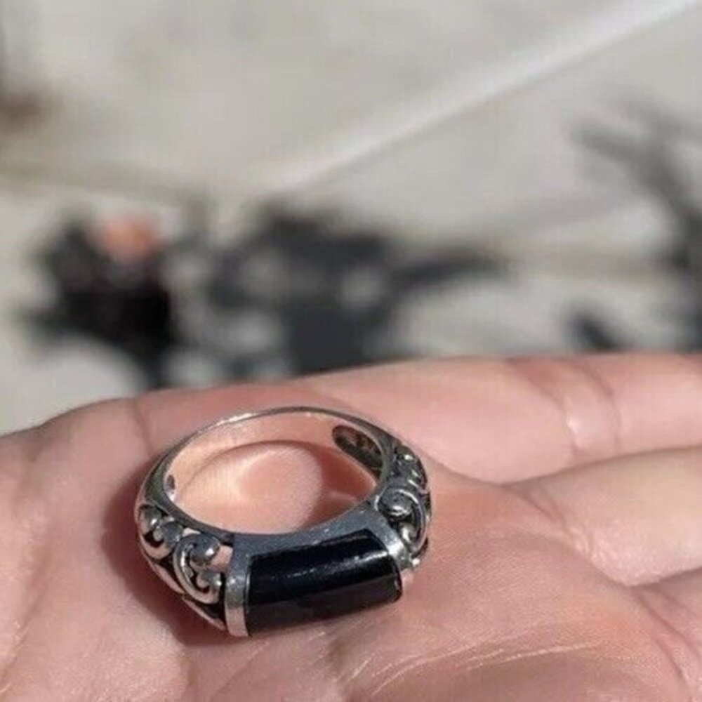 Vintage Navajo Black Onyx Sterling Silver Filgree Ring Stamped FAS 925 Sz 7.5